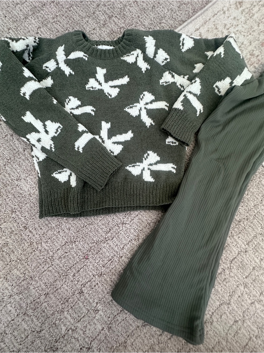 Btween olive Green Bow chenille Knit Sweater and knit ribbed flare leggings